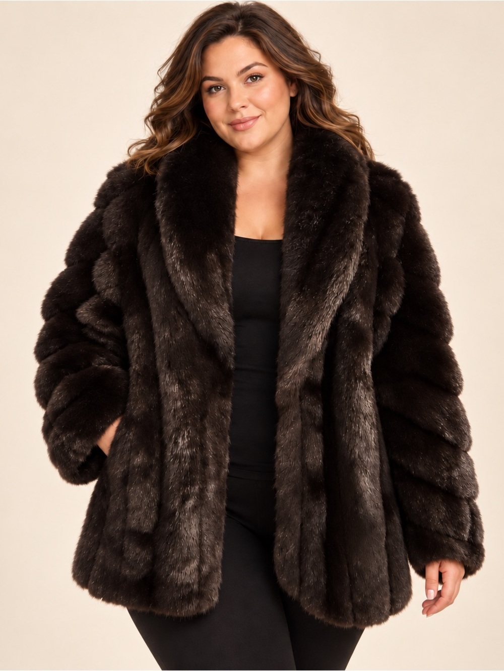 Plus-Size Plush Faux Fur Pea Coat in Dark Brown